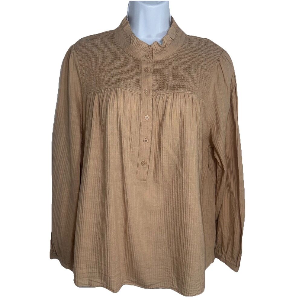 J. Crew Beige Smocked Gauze Garden Top Long Sleeve Women XL 1/4 Button Cotton